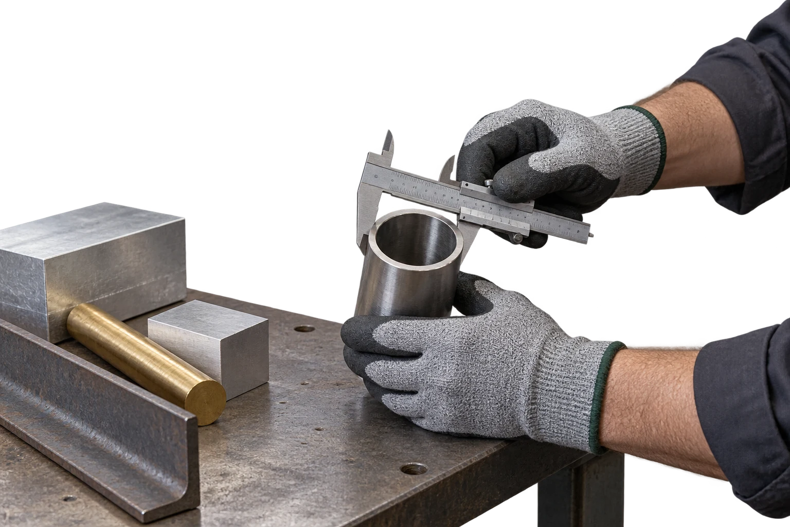 Gloved hands measuring a metal tube with a caliper beside aluminum blocks, brass bar and steel angle